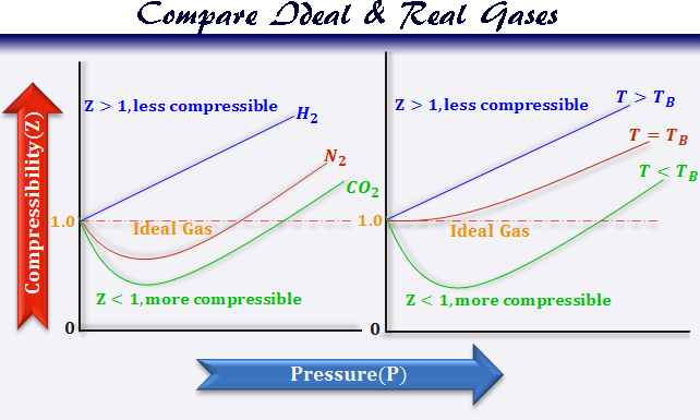 Compare the property of ideal gases and real gas molecule