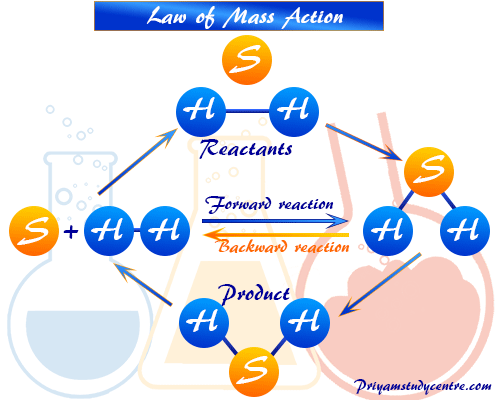 Mass action law formula in chemical equilibrium and active masses or molar concentration in chemistry