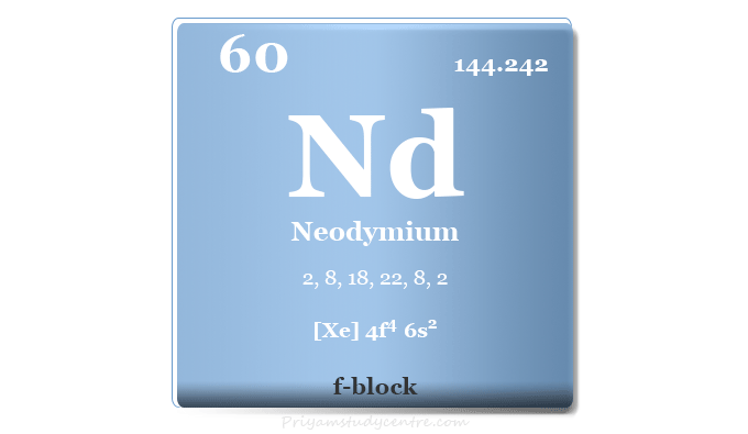 Neodymium element or rare earth metal symbol Nd, uses for making magnets, glass and laser with properties, facts, compounds
