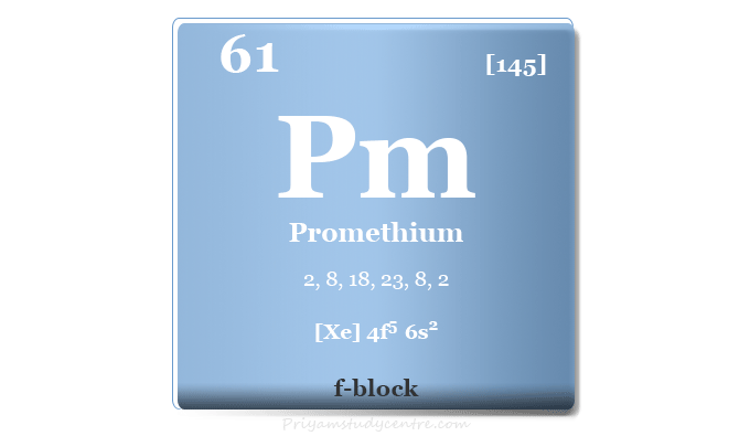 Promethium element or radioactive rare earth metal symbol Pm, uses in luminous paint, nuclear battery, properties, isotopes, and facts
